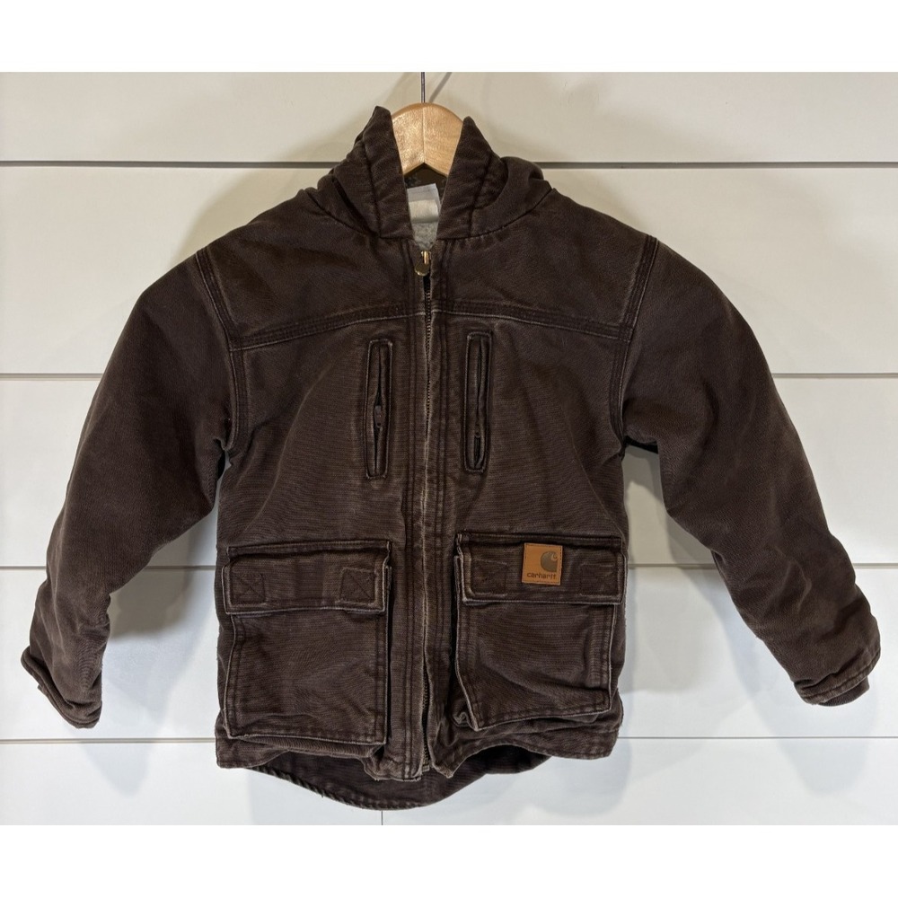 Carhartt Jacket Youth 5 Brown Canvas Hooded Full Zip Fleece Lined Workwear VTG - Picture 1 of 12
